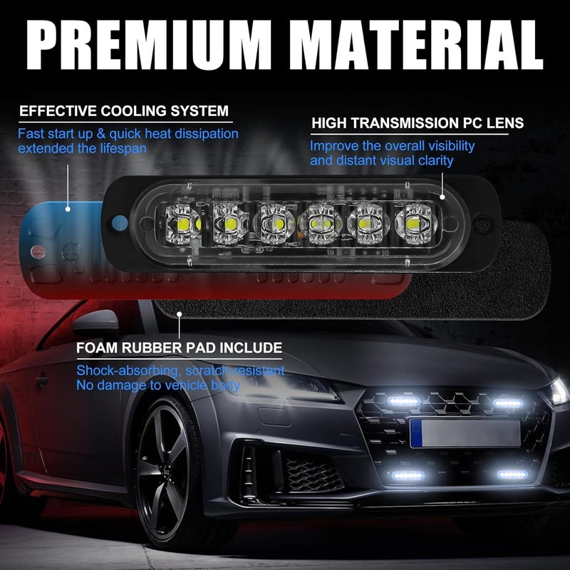 XTAUTO 10pcs LED Emergency Strobe Light, White 6-LED Ultra Slim Surface Mount Flashing Warning Beacon Hazard Construction Caution Grille Light Bar for Truck Car Off Road Vehicles - Image 3